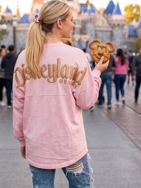 Disney Disneyland Pink Spirit Jersey with Gold Glitter Letters - Size Small